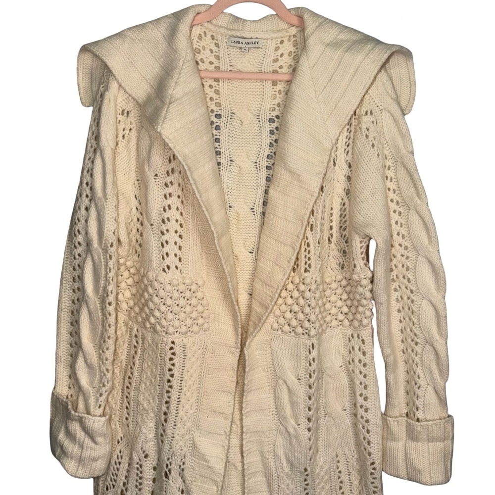 Laura Ashley wool & angora chunky fringe cable knit cream cardigan XL - Picture 6 of 13